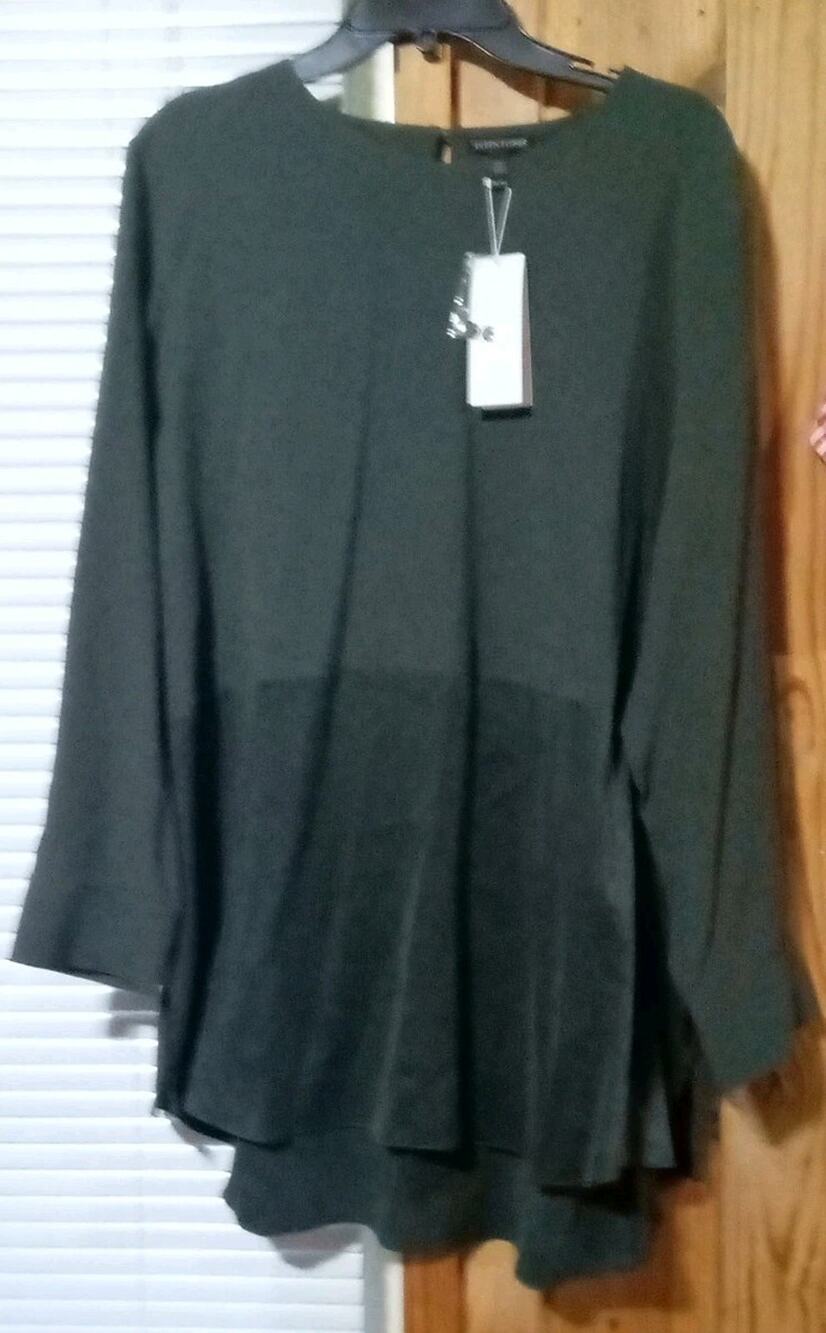 NWT Eileen Fisher Silk Georgette Crepe XL Green Tunic 3/4 Sleeve Back Button
